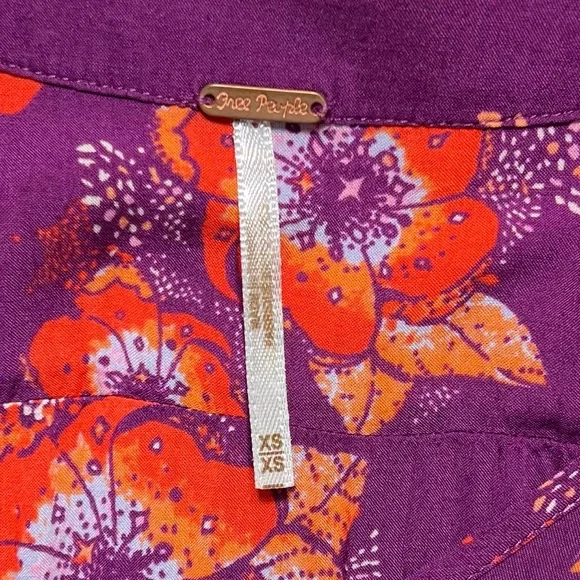 Free People Tropical Floral Print Faux Wrap Tie Sleeve Purple Peplum Blouse - Picture 14 of 15